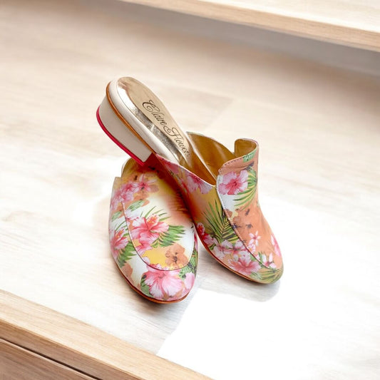 Women's Leather Mule in Tropical Floral - Perfect for a beach getaway