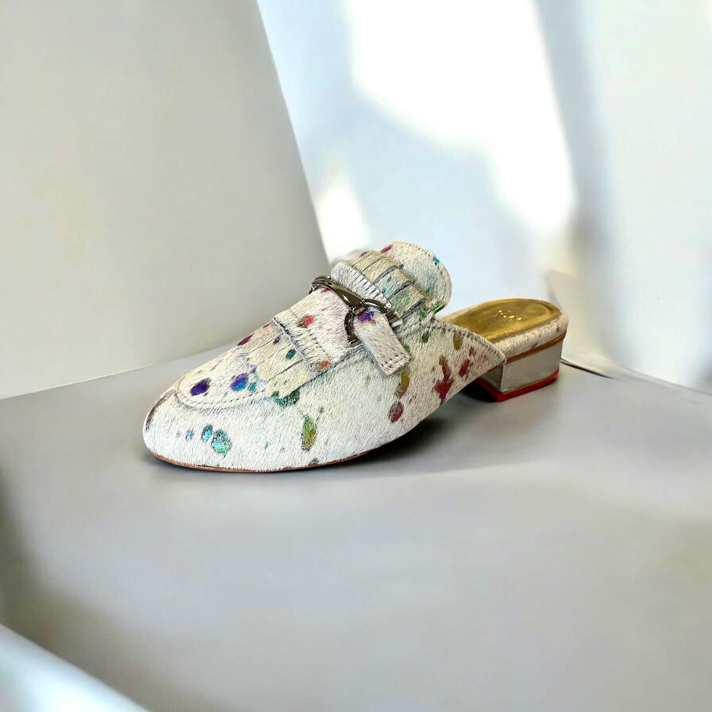 Women's Jayme Mule in White Leather with Splatter Detail - Perfect for artistic but classy aesthetic.