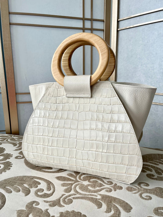 White Croc Embossed Leather Handbag